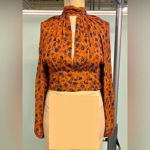 Long Sleeve Boho Blouse with open back, Rust, Size Large